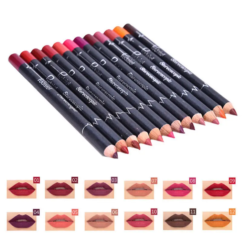 Juego de 12 unidades de lápiz labial resistente al agua, delineador de labios mate, bolígrafos de maquillaje de larga duración, fáciles de usar, Kits de cosméticos con taza antiadherente