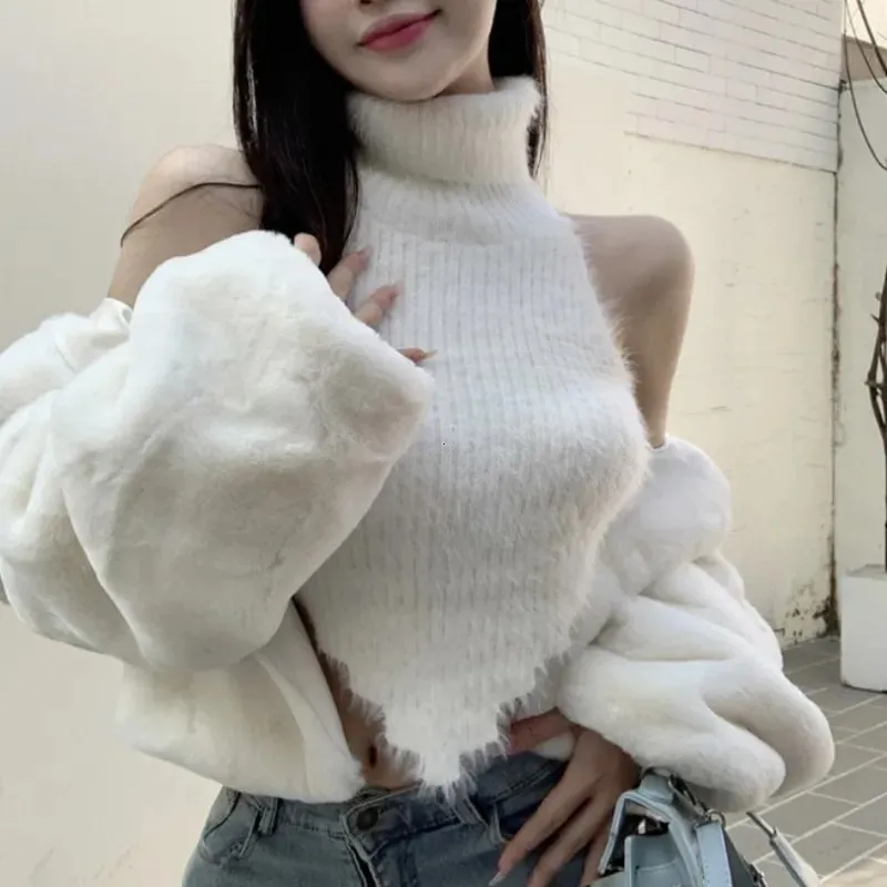 Sexy Tanks Women Knitted Hot Chic Backless Turtleneck Short Sleeveless Off Shoulder Popular Streetwear Corrugated Edge Female — image 3