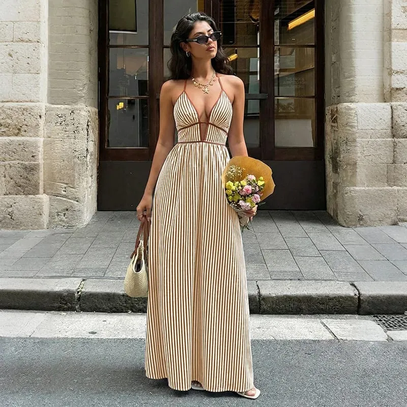 2026 Summer New Style Deep V-neck Striped Beach Dress Sexy Backless Sleeveless Neckline Long Dress — image 11