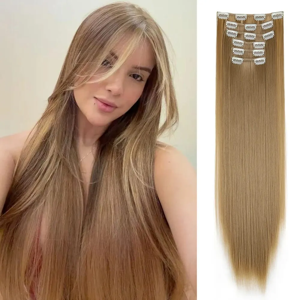 Black Hair Extensions 24"/60cm 6pcs/set Women Long Straight Synthetic Full Head Clip 16 Clips Ombre Heat Resistant Fiber Hair