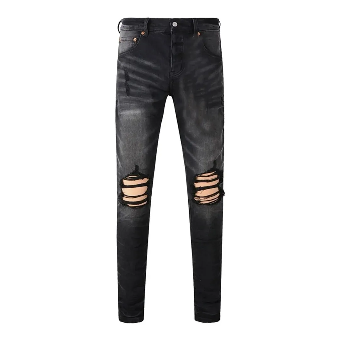 High Street Brand Men's Jeans American Distressed Coated Blank Stretch Skinny Button Fly Ripped Pants Trousers