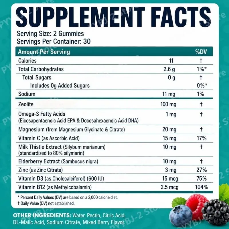 Zeolith-Gummis, 60 Stück, enthalten Multivitamin Omega-3, Magnesium und Holunder, unterstützen die Entgiftung und die Gesundheit des Immunsystems