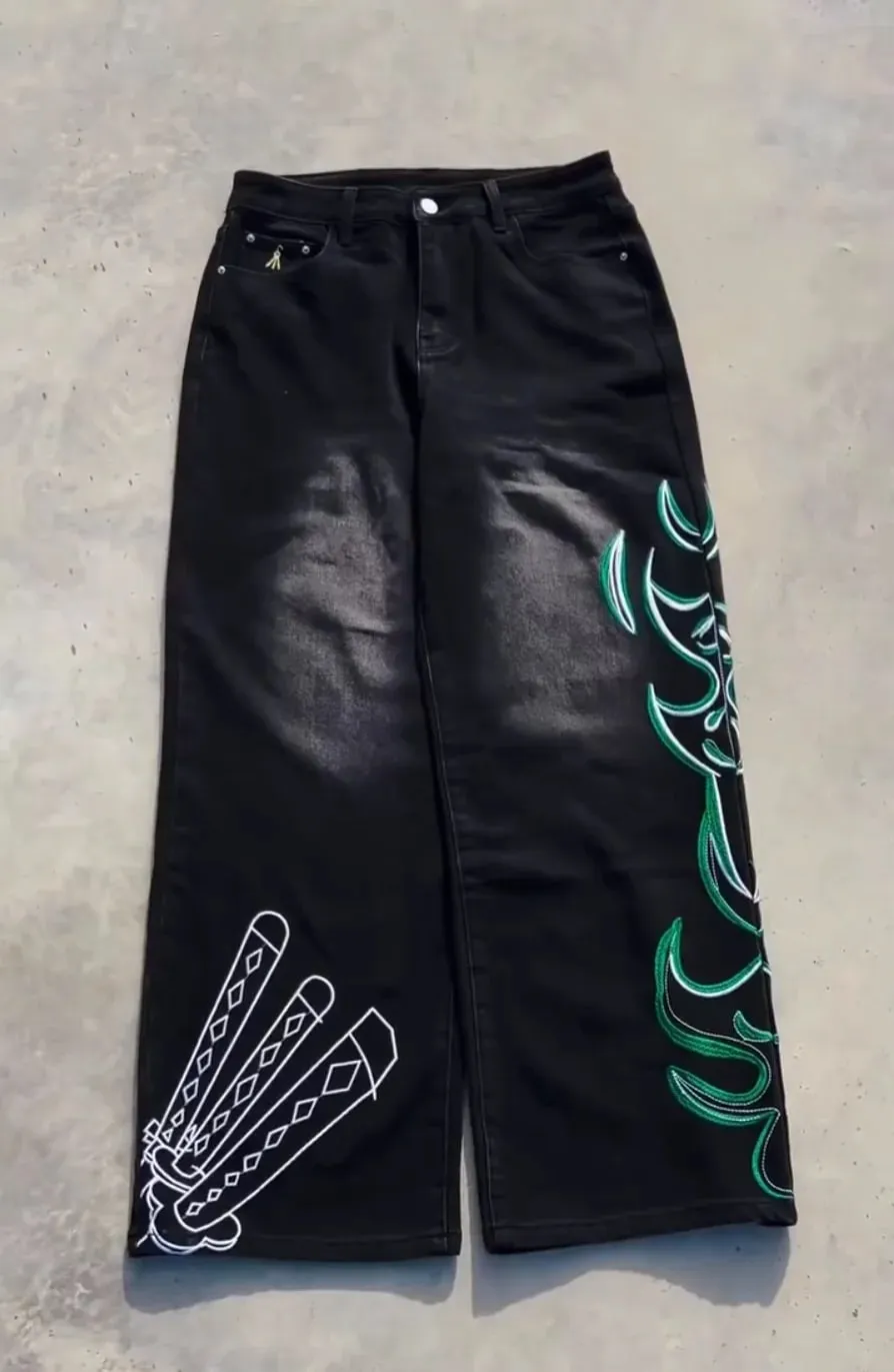 Y2K Anime Mönster Broderade jeans Baggy Bred Ben Stretch Jeans Streetwear Harajuku Hip Hop Mörk Retro Mode Rock Denim Byxor — image 8