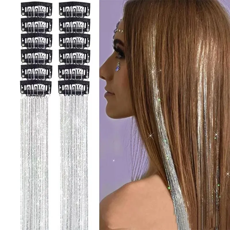 12pcs Per Pack of BB Hair Clips Shiny Metallic Hair Extensions with Clips Synthetic Hair Sparkling Hair Accessories for Women