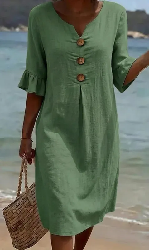 2026 Amazon European and American Cross-Border Spring and Summer New Cotton and Linen V-Neck Dress with Large Buttons and Ruffle — image 3