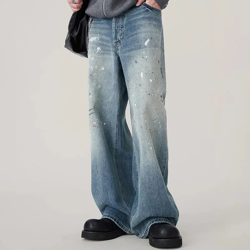 Autumn Korean Splashed Ink Jeans Men'S Straight Leg Pants Fashionable High Street Retro Loose Wide Leg Pants Design Pants