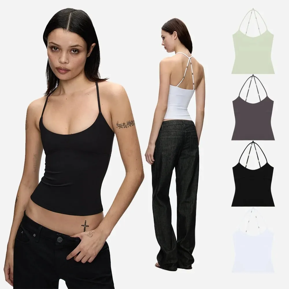Halter-top med kryds-ryg skræddersyet talje-Cinching Camisole U-hals Halter-tanktop Metaludsmykket slim-fit-top til lag eller brug alene