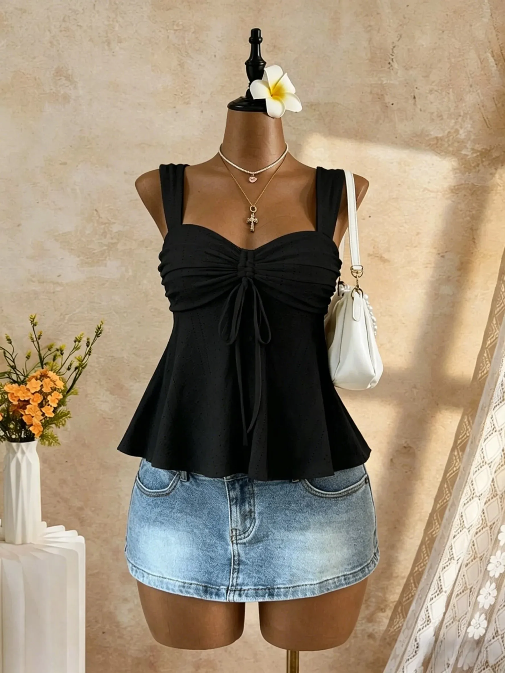 Women Sweetheart Neck Drawstring Ruched Peplum Cami Top Polka Dot Print Sleeveless Casual Camisole Outfit — image 7