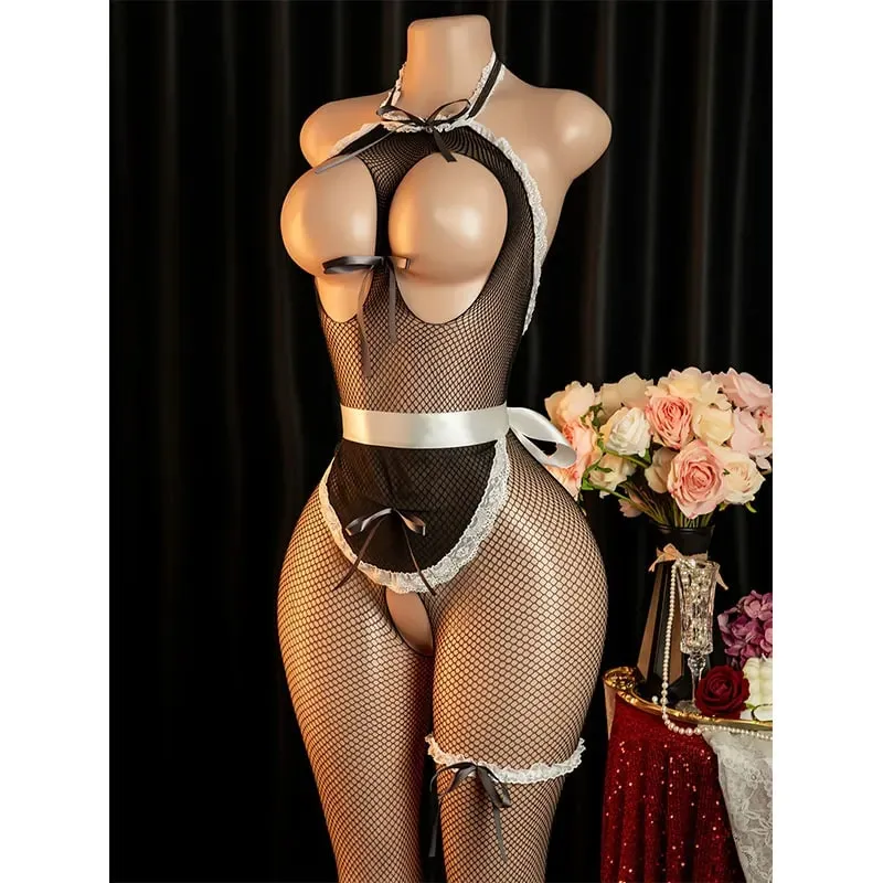 Hot Night Desire Outfit Sexy Lingerie Bodysuit Open-breasted Crotchless Body Suit Cosplay Body-Stockings For Adult Maid Costume — image 5