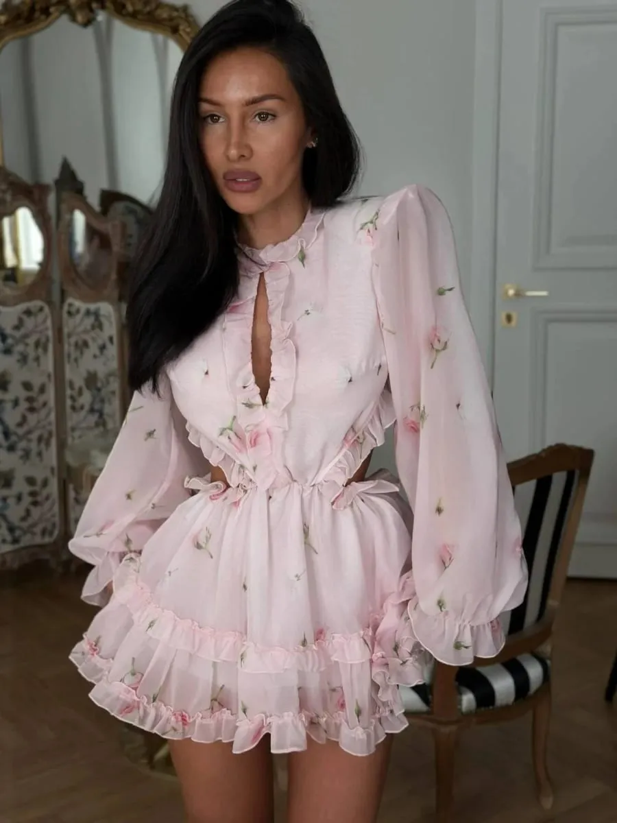 Women Pink Floral Print Chiffon Mini Dress Puff Sleeve Backless Cut Out Waist Tiered Ruffle Hem Dresses 2026 Casual Party Gown