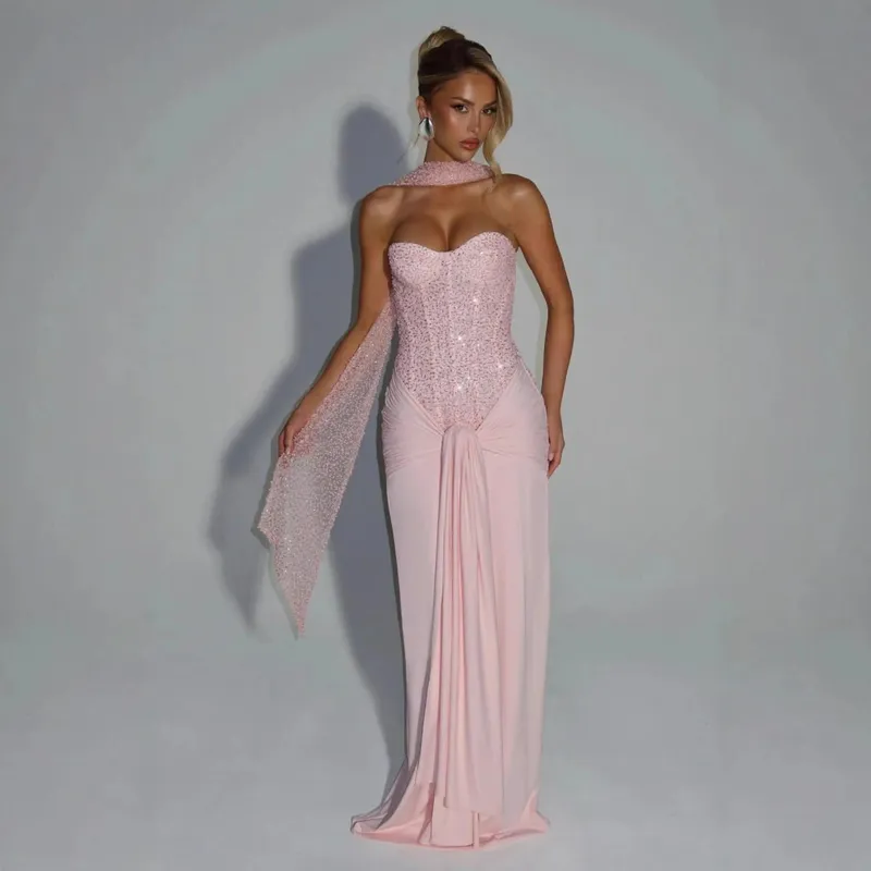 Sexy Sequin Patchwork Strapless Maxi Dress Women Sleeveles Off-shoulder Cinched-waist Pleated Dresses Lady Evening Party Gowns — image 7