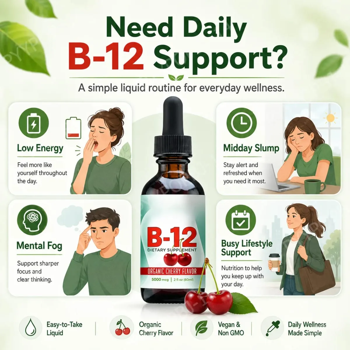 Cecair Vitamin B12 Methylcobalamin Menjatuhkan 5000 Mcg Perisa Ceri 2 Fl Oz 60 Hidangan Suplemen Harian Tanpa Gula Vegan