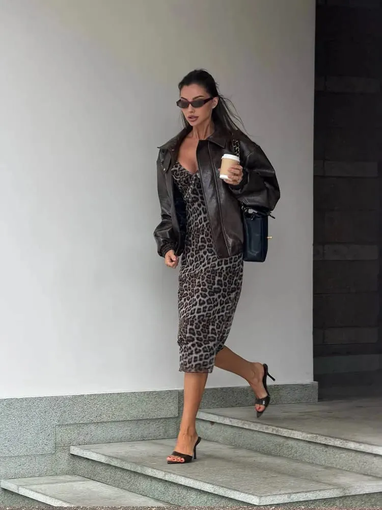 2026 New Mesh Midi Dresses V-Neck Lace-Up Sleeveless Leopard Printing Fashion Casual Street Style For Women Summer Chic — image 2