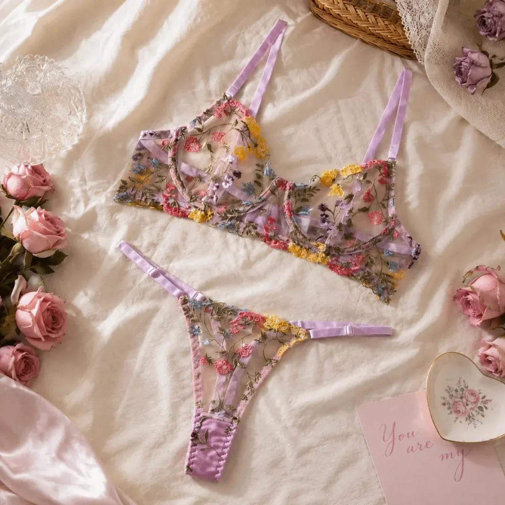 Sheer Intimates Transparent Lingerie Set Push Up Ultra-thin Panties Bra Set Elegant Embroidery Floral Underwear Girl — image 4