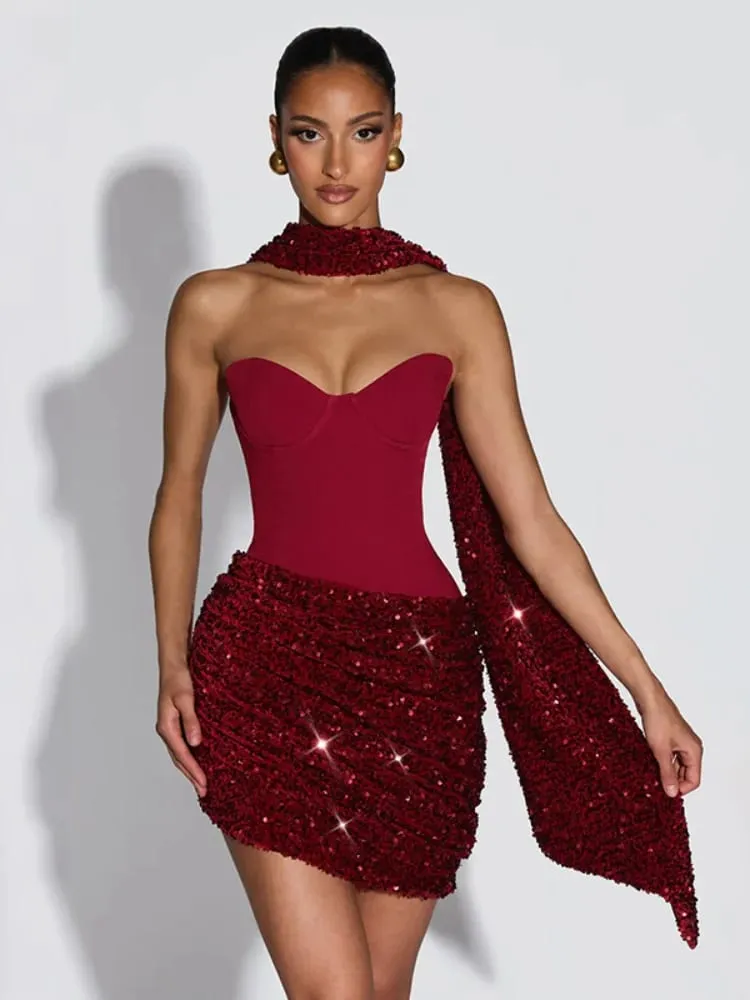 Sexy Women Slim Pleated Bodycon Dress Sequin Backless Spaghetti Strap Mini Summer Dresses 2026 Lady Evening Nightclub Party Gown