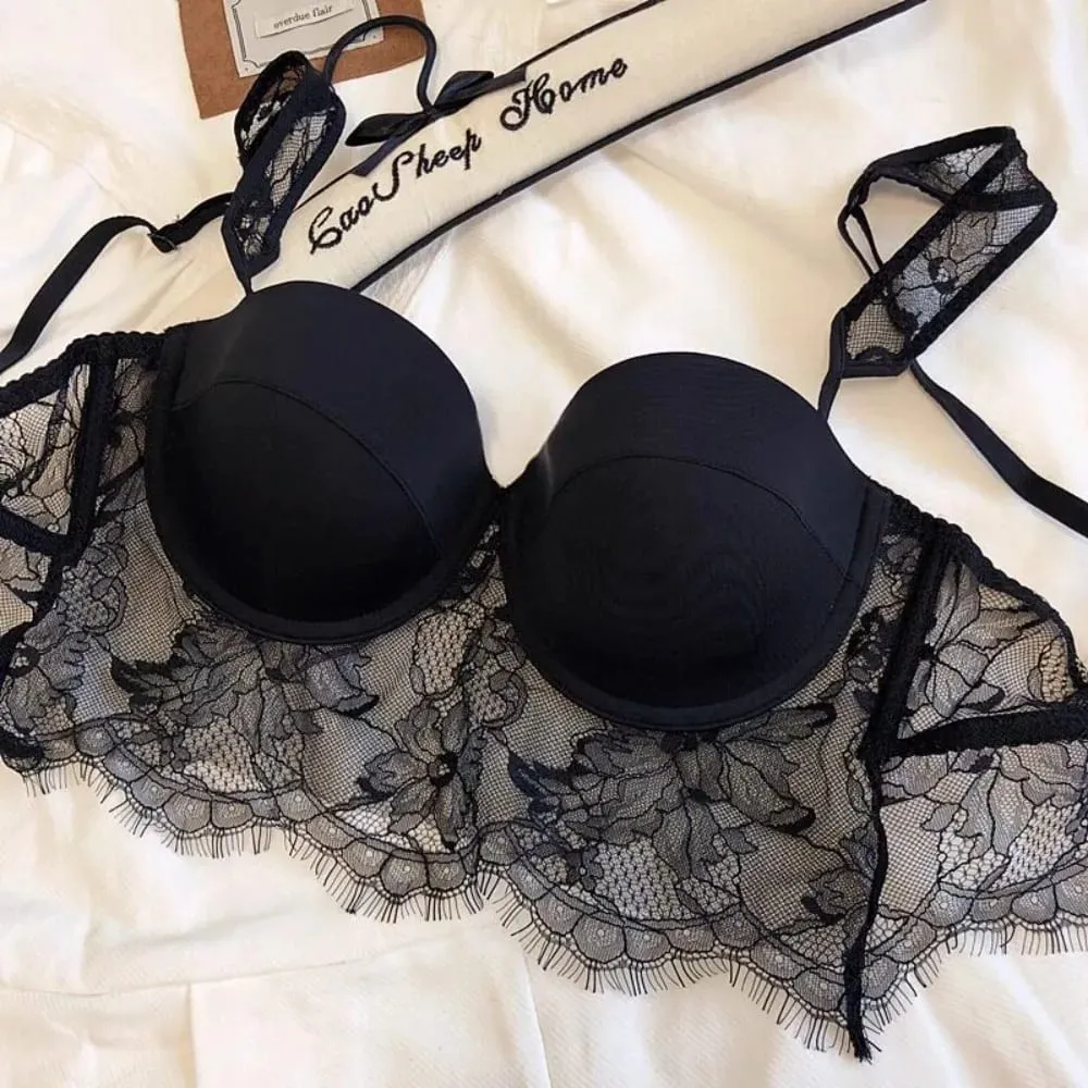 セクシーな Ladies Soft Underwire Lace Lingerie Set Summer Thin Cup Deep U‑Back Push‑Up Design Comfort Breathable Intimate Underwear