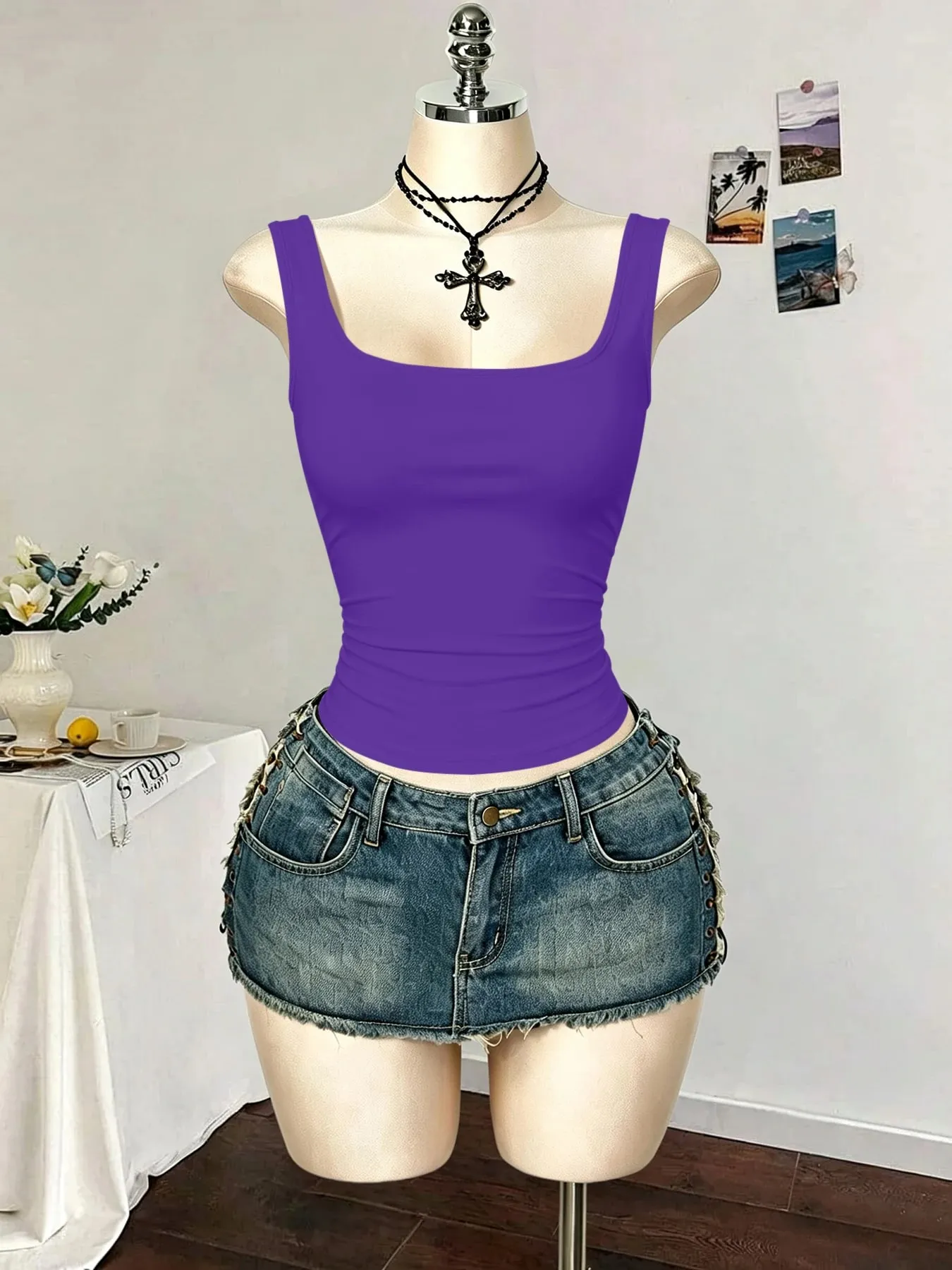 Women Square Neck Wide Strap Ribbed Tank Top Sleeveless Fitted Slim Casual Cami Top