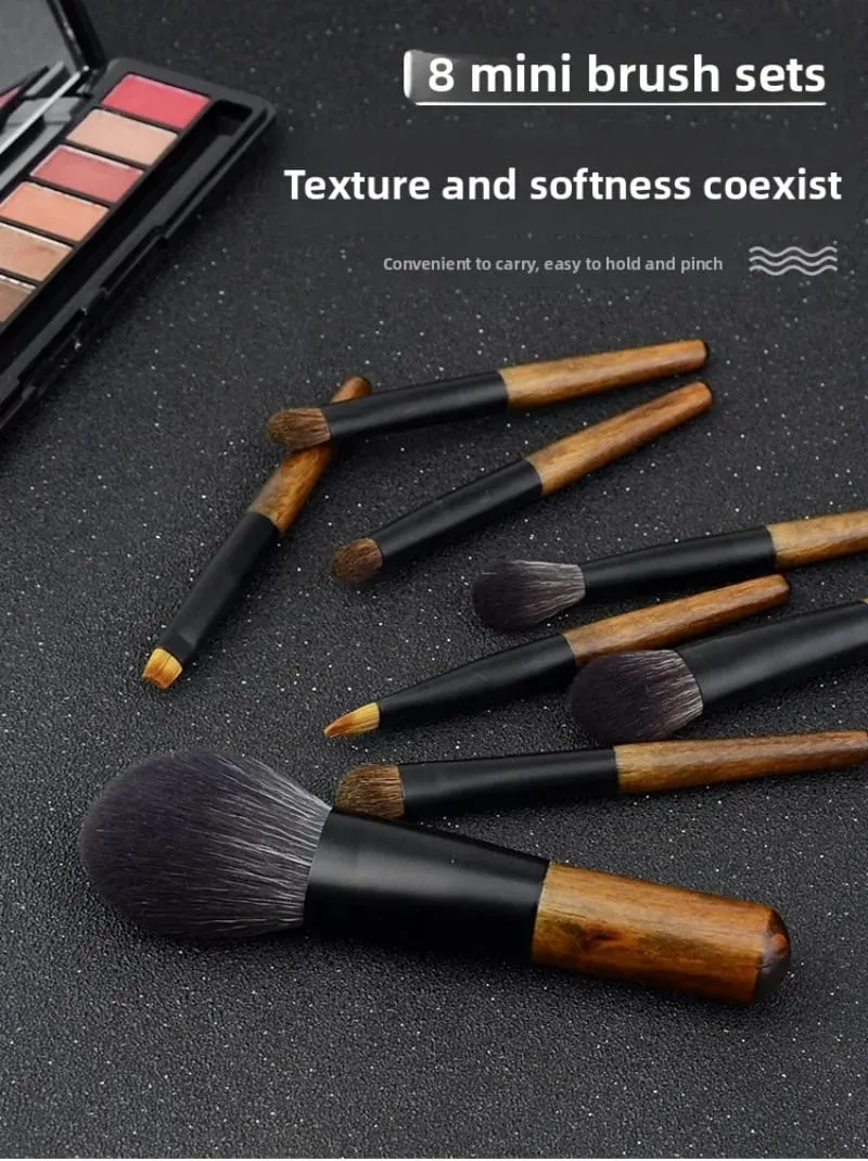 8 pçs mini conjunto de escova de maquiagem de viagem com bolsa alça de madeira escova cosmética para pó facial blush iluminador corretivo sombra