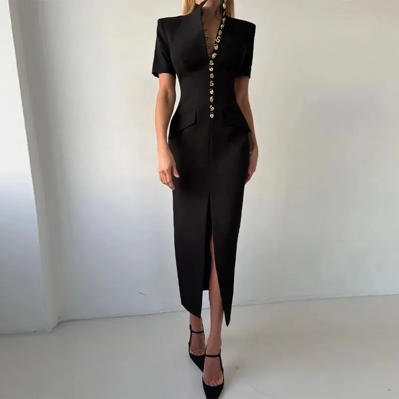 Elegante frauen Kleid V-ausschnitt Kurzarm Einreiher Solide Weibliche Lange Kleider 2026 Sommer Mode Sexy Neue Chic Dame Robe