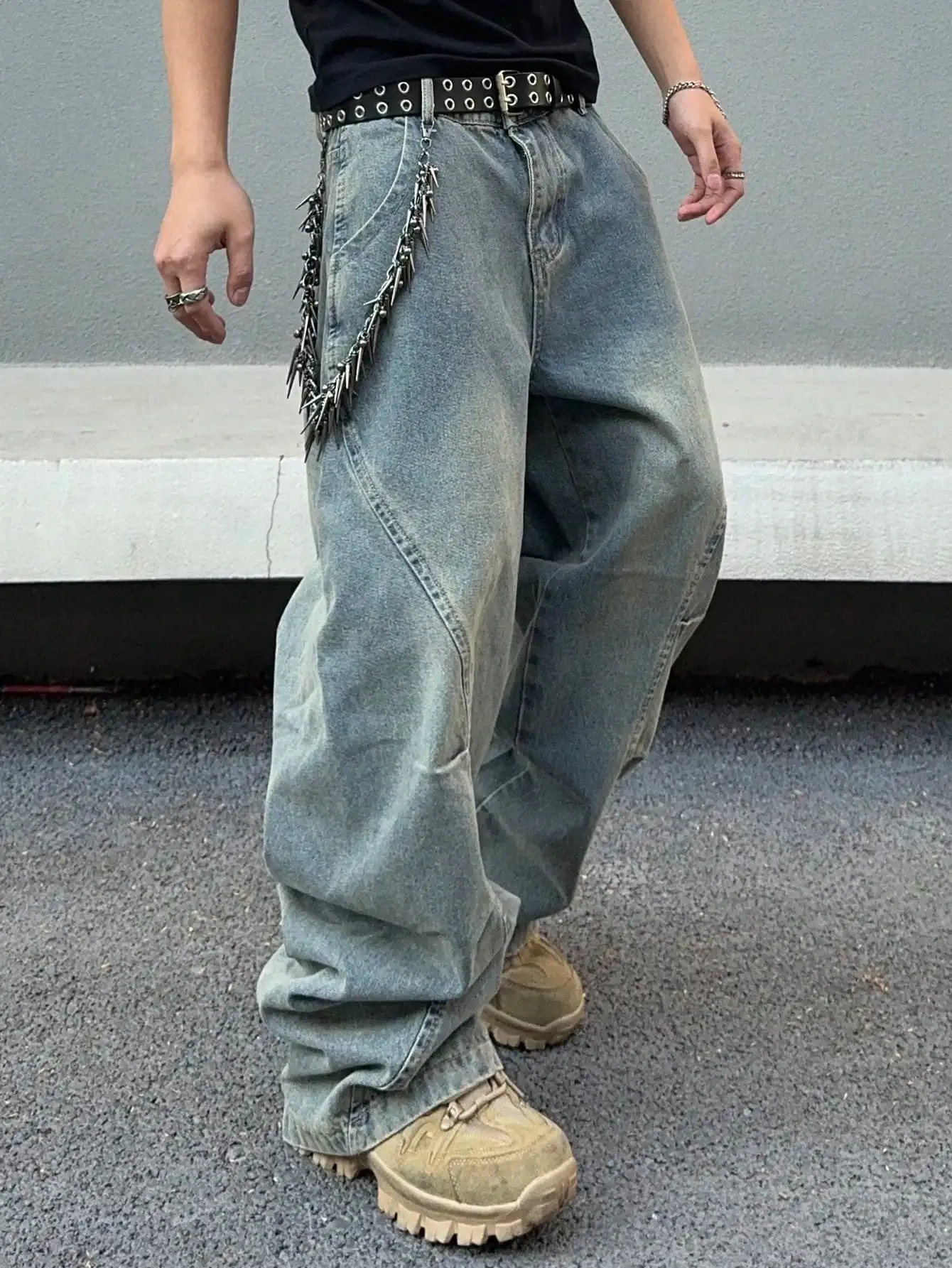 Vintage Men Washed Baggy Denim Jeans Stitched Panel Wide Leg Denim Pants Oversized Loose Hip Hop Streetwear Y2K Casual Trousers