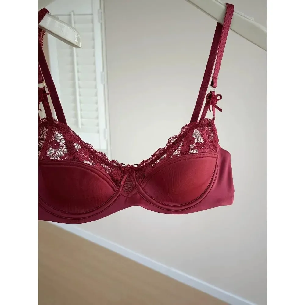 Red Lace Satin Bra Set Half Cup Thin Push‑Up Less Show Big Chest Sexy French Lingerie Women Underwear 32‑38