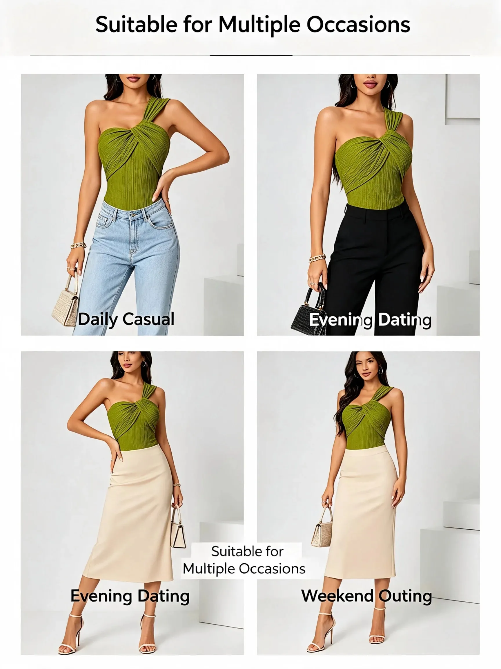 Women One Shoulder Twist Bodysuit Textured Crinkle Fabric Sleeveless Slim Fit Party Club Jumpsuit Top Green