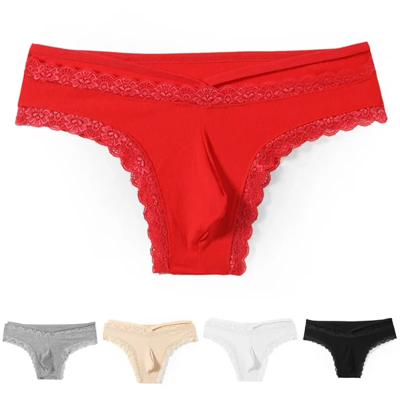 Hommes dentelle Rrim Sissy Gay slips sans couture sous-vêtements taille moyenne poche bombée Lingerie solide hommes dentelle bord Lingerie