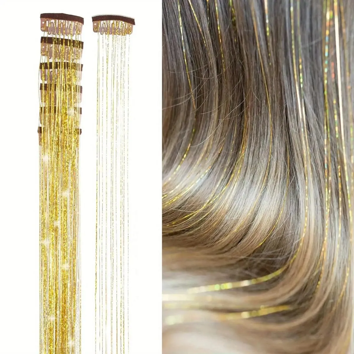 6Pcs 50cm Sparking Shiny Hair Tinsel Hair Extensions Tinsel Synthetic Hair Clip Extensions Women for Braiding Headdress — image 8