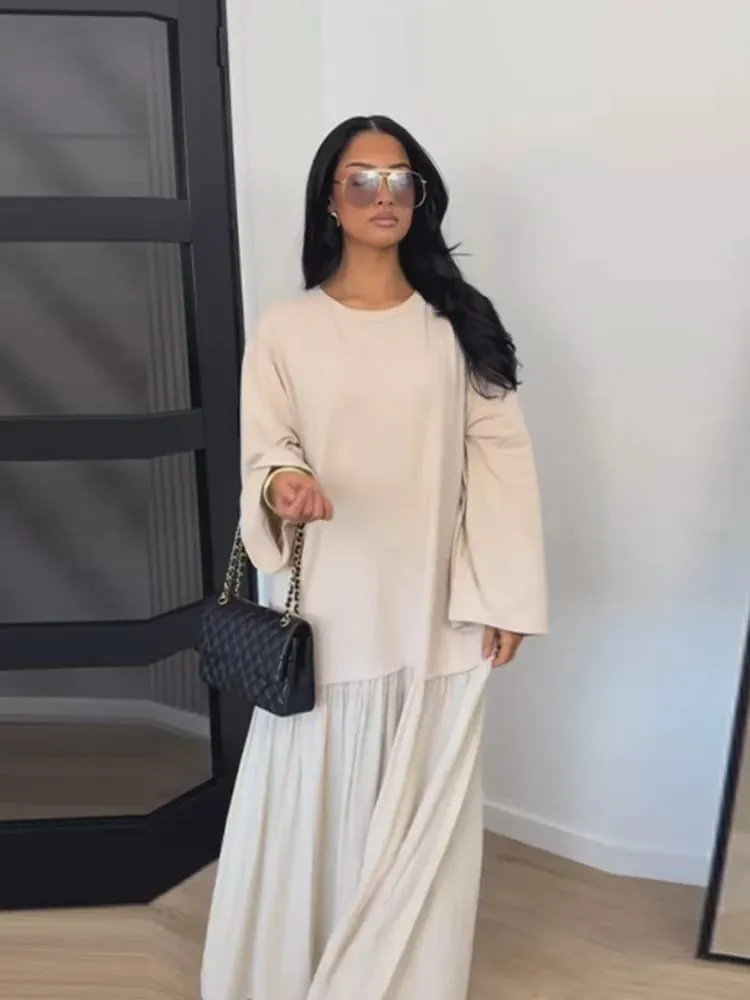 Solid Color Loose Fit Flare Sleeve Tiered Dress Crew Neck Ruffle Hem Pleated Long Maxi Dresses 2026 Spring Chic Casual Outwear