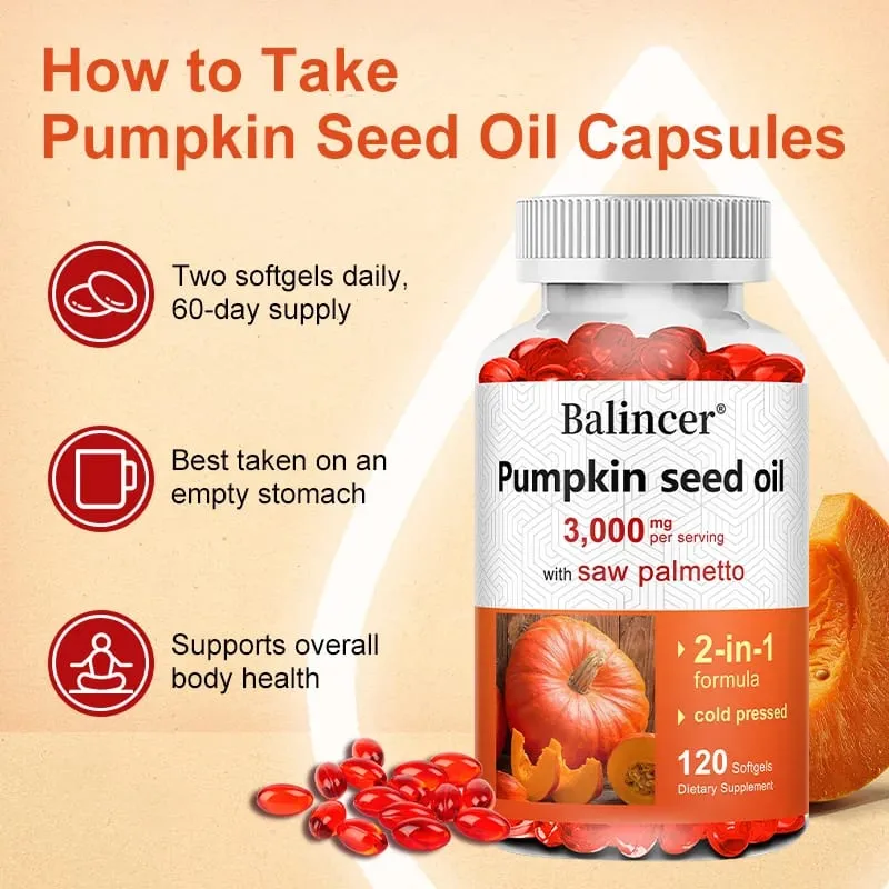Pumpkin Seed Oil 3 000mg with Saw Palmetto Softgels - Dietary Supplements for Heart Brain Hair & Bladder Health