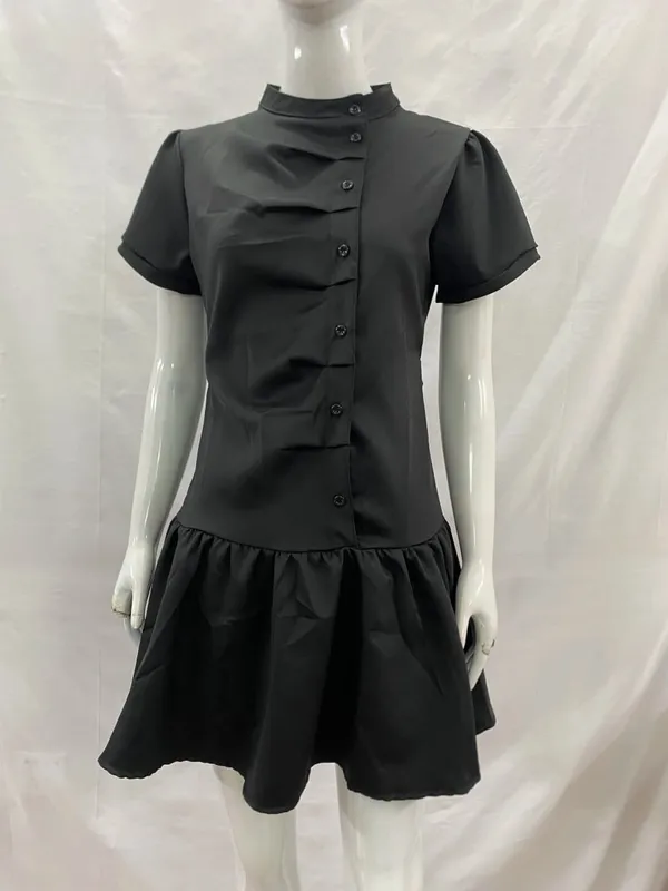 Women's Vintage Plaid A-Line Dress Short Sleeve Stand Collar Button down Pleated Mini Dress Casual Elegant Fashion