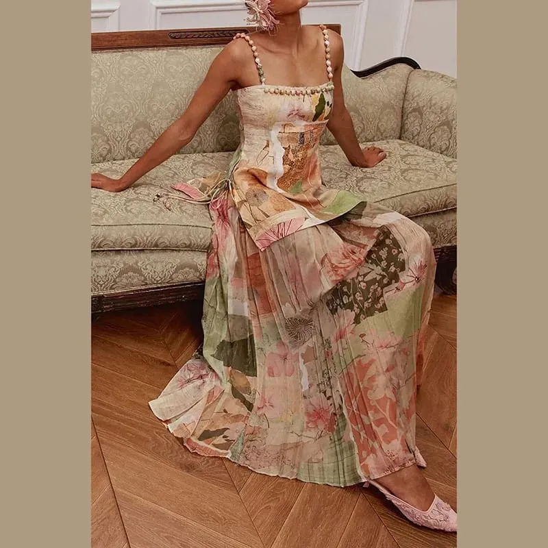 Sexy Printed Beaded Long Women's Dress Patchwork Sleeveless Backless A-line Sling Dresses 2026 Summer Lady Holiday Robes