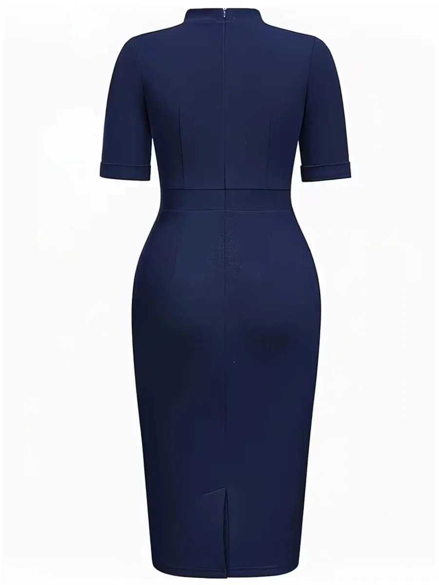 Women Elegant High Neck Gold Button Short Sleeve Knee Length Business Casual Slim Bodycon Dress — image 2
