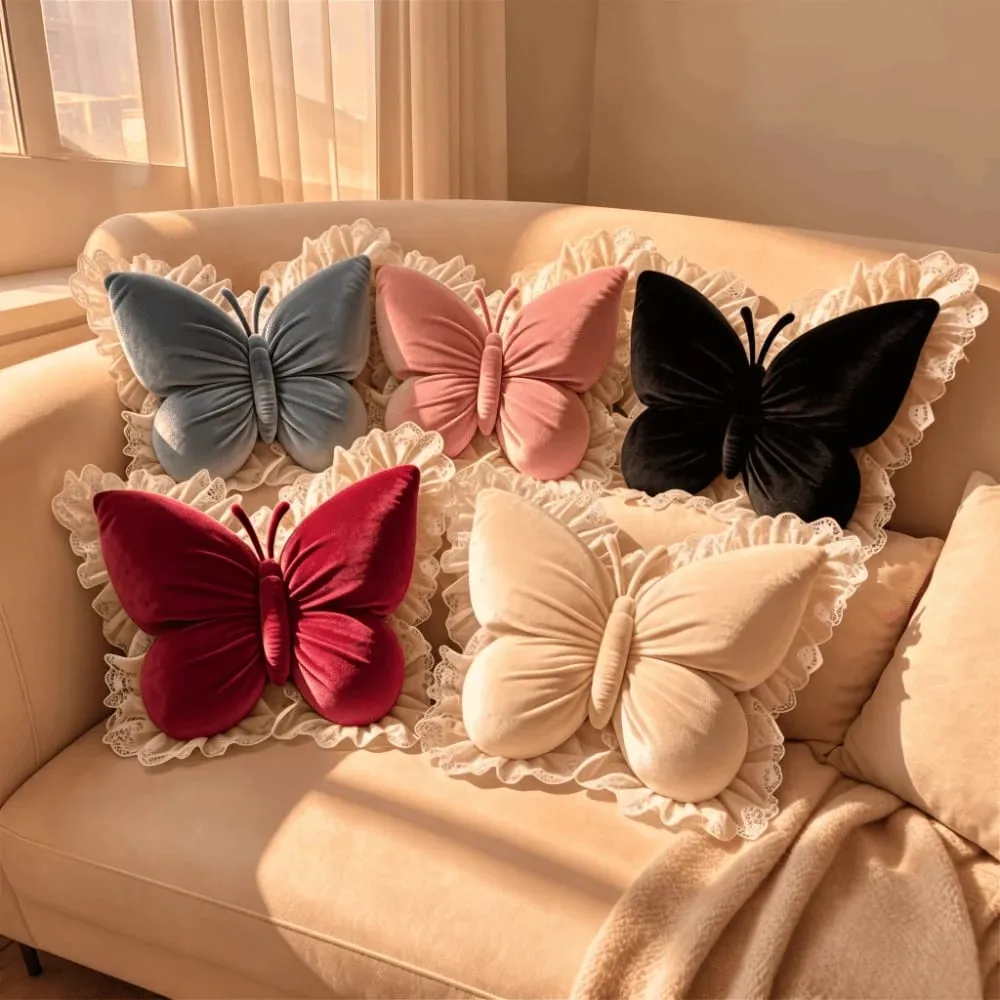 Home Decor Velvet Butterfly Pillow Lace Trim Bow Cushion Soft New Bow Throw Pillow Bedroom — image 2