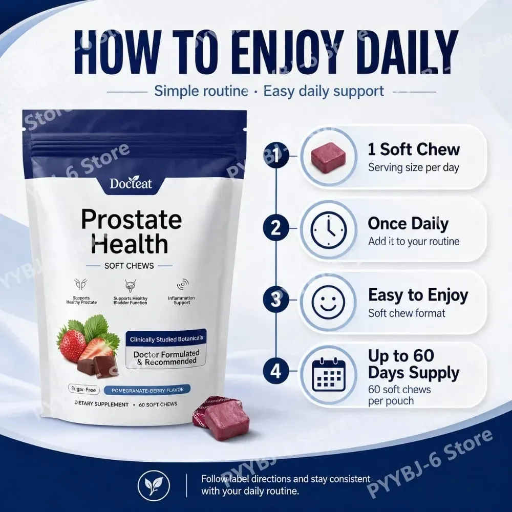 Docteat Prostate Health Soft Chews 60 contagens sem açúcar sabor romã-berry suporte diário com extrato de reishi zinco vitamina C — image 5