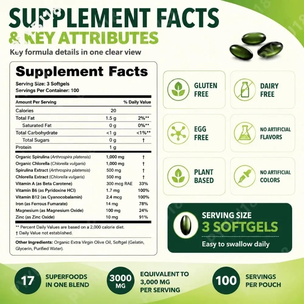 Gel Lembut Spirulina Chlorella Pokok Solo dengan Mikroalga Organik Vitamin B6 B12 Imbangan Penghadaman & Sokongan Imun 300 Gel Lembut