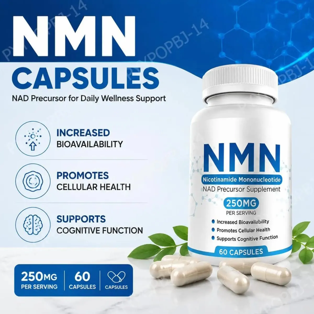 NMN Nicotinamide Mononucleotide Capsules 250 Mg Per Serving Increased Bioavailability Promotes Cellular Health 60 Capsules — image 2