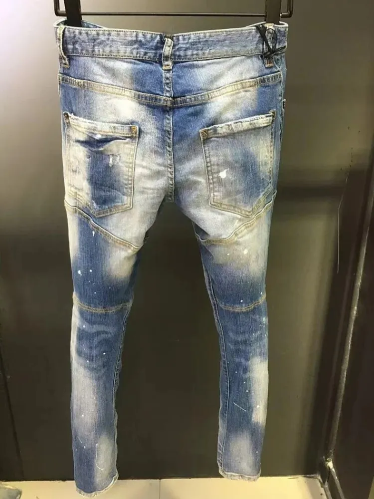 New Men's Ripped Jeans Distressed Elastic Slim Pencil Fit Denim Pants Paint Splatter Streetwear Y2K High Street Biker Trousers