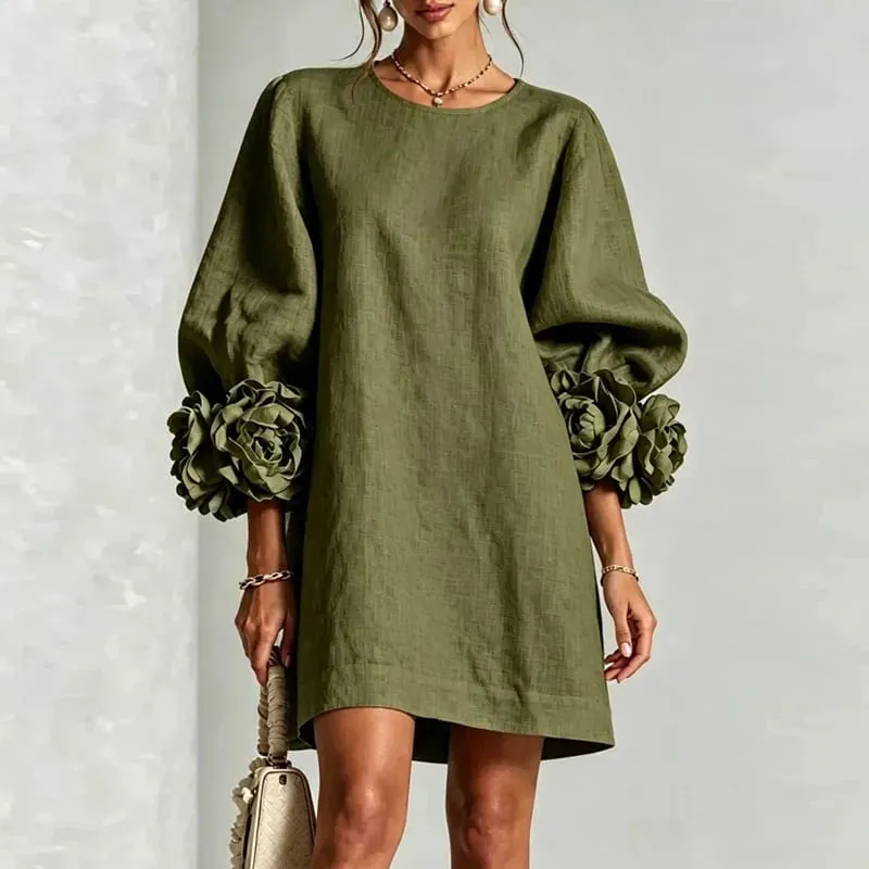 Women Solid Mini Dress Round Neck Puff Sleeve 3D Flower Cuff Loose Shift Dress Elegant Vacation Party Daily Casual Short Dresses
