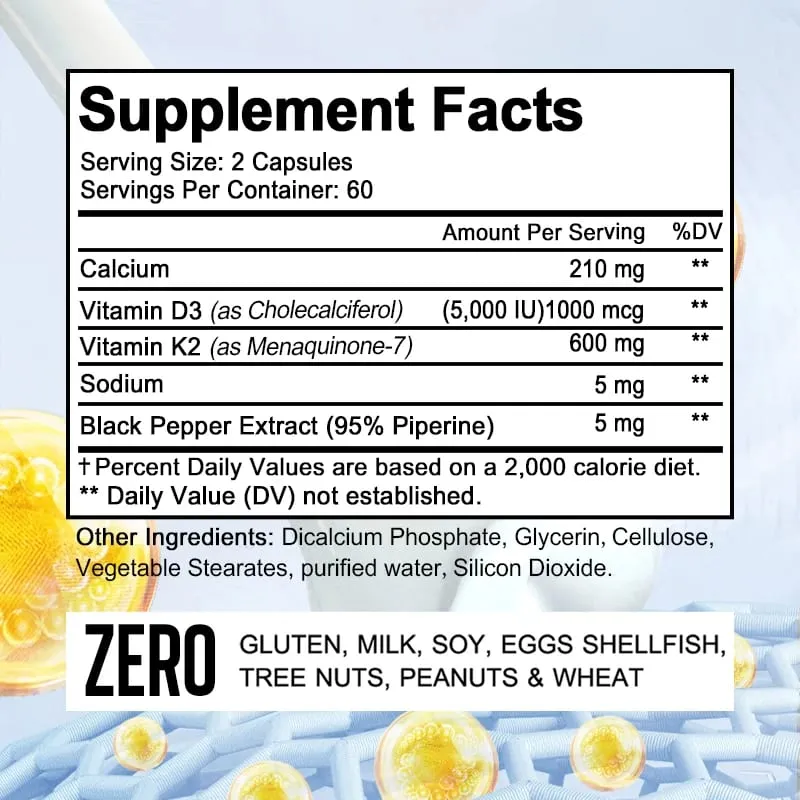 Bcuelov Vitamine D3+K2 5000 UI Formule de vitamine D3 sans OGM, complément alimentaire complexe de vitamines D et K facile à avaler