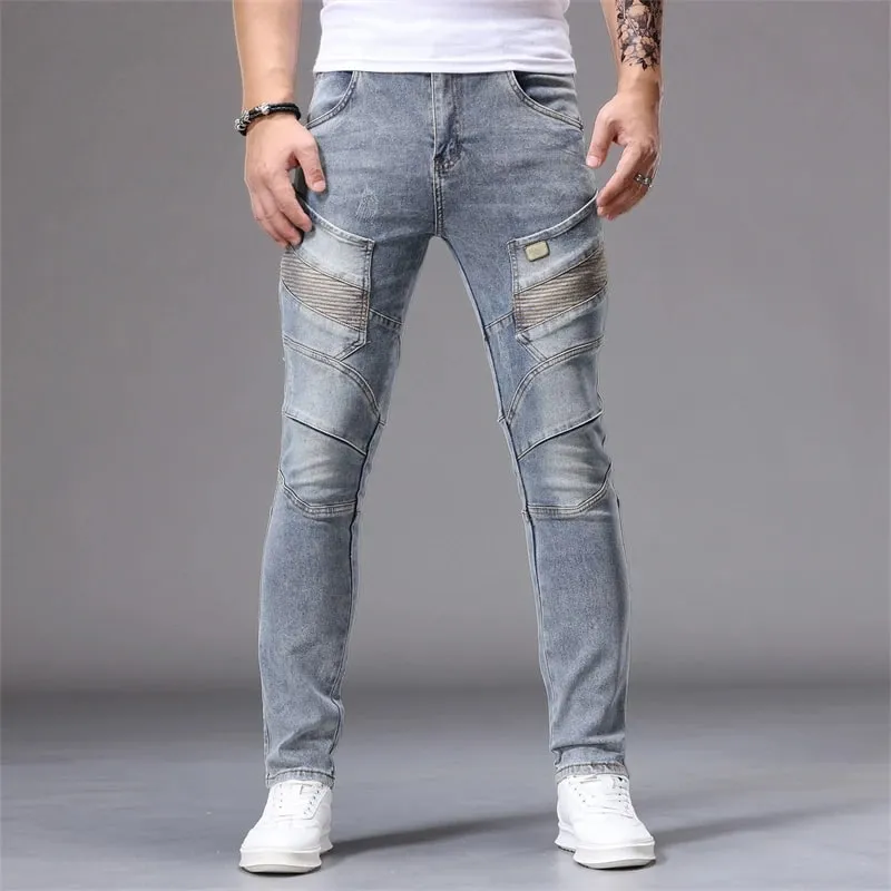 Men's Patchwork Skinny Ripped Jeans Fashion Trousers Elastic Slim Hole Biker Denim Pants Hip-hop Rock American Streetwear