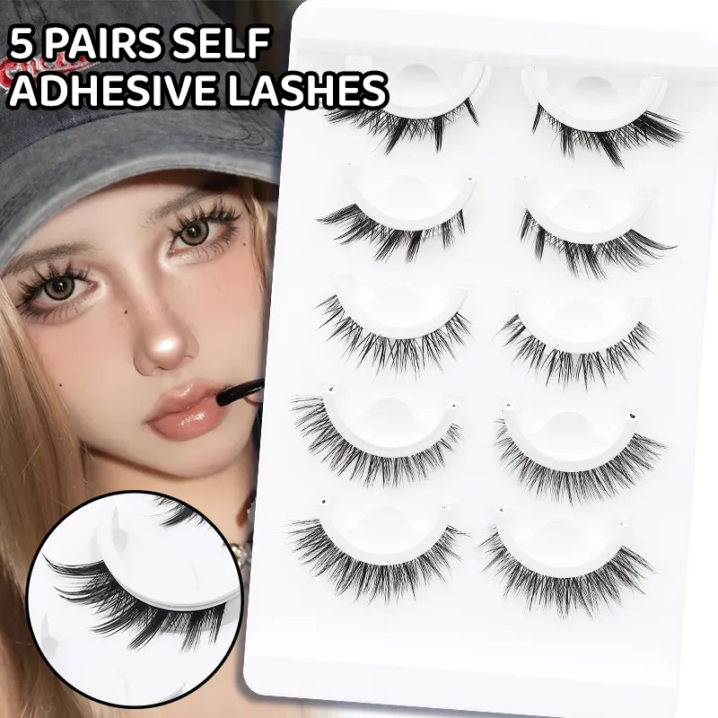 5 paires de faux cils auto-adhésifs Manga de Style mixte, sans colle, bande naturelle réutilisable, pour le maquillage quotidien des yeux