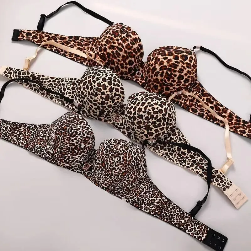 Sexy Thick Lingerie Set Leopard Print Upper Thin Lower Thick Bra Set Sexy Push-Up Bra Set
