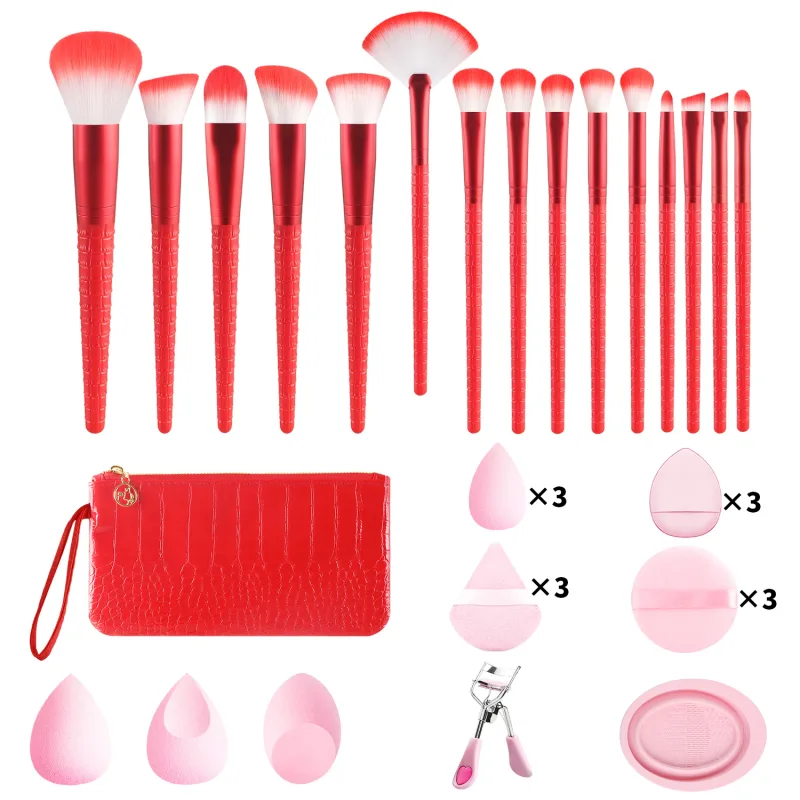 33 ชิ้น All In One ชุดเครื่องมือแต่งหน้า 15 แปรงฟองน้ำความงามแป้งพัฟ Eyelash Curler พร้อมกระเป๋าสำหรับ full Face แต่งหน้า