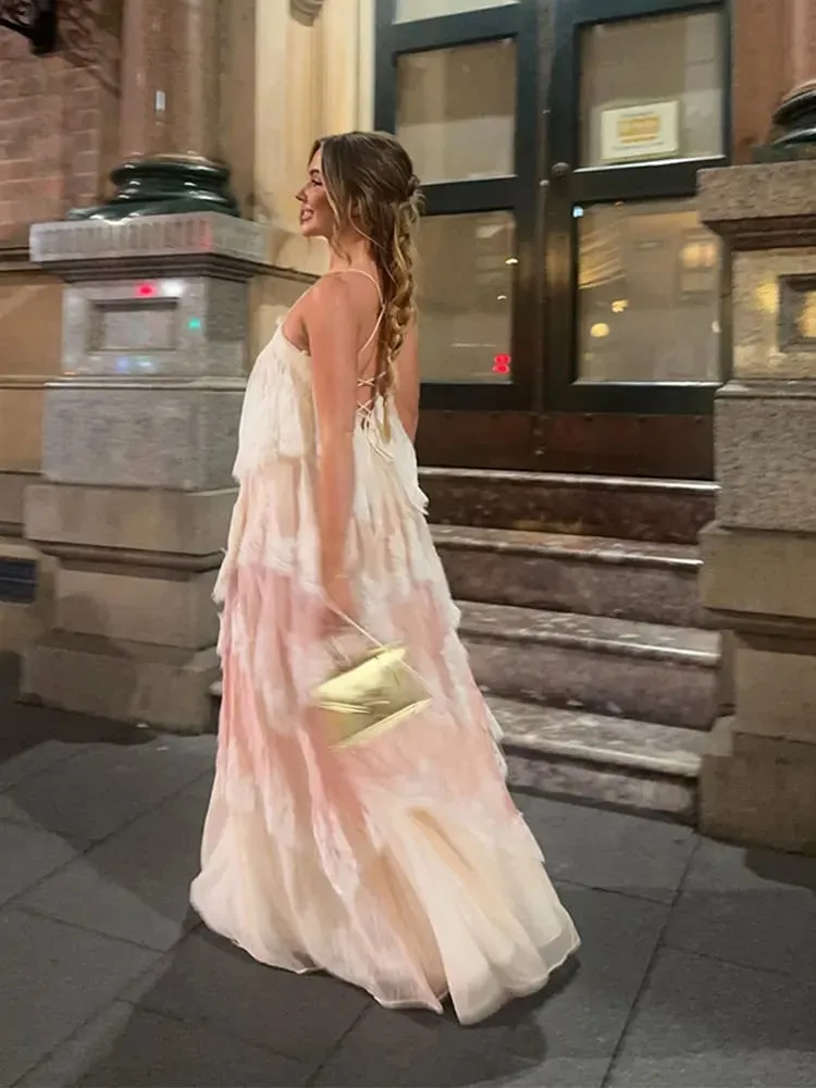 Chic Lace Patchwork Layered Sling Dress Women Sleeveless A-line Long Dresses Female Sweet Elegant Summer Party Lady Vestidos