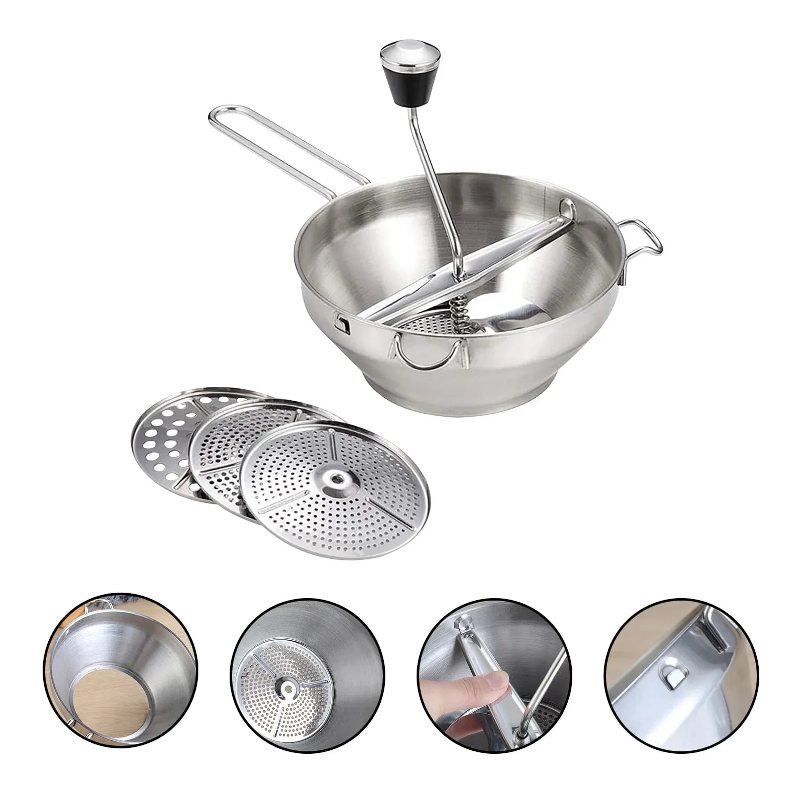 Stainless Rotary Food Mill Multifunctional Jams Mill with 3 Discs Durable Food Manual Grinder Vegetable Mud