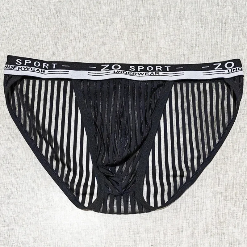Striped Men's High Slit Sexy Pouch Underwear Ice Silk See Through Comfortable Male Triangle Briefs Man Underclothes