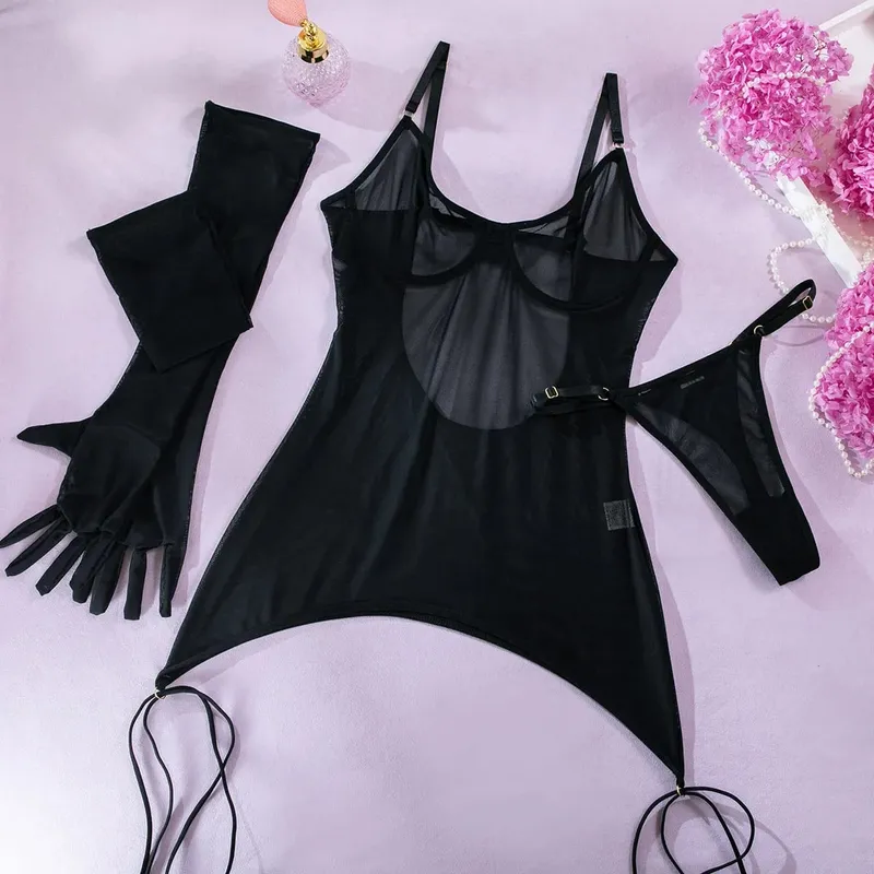 Bodysuit Perspektif Punggung Terbuka Jaring Solid Seksi dengan Sarung Tangan Tali Set Tiga Potong untuk Wanita Pakaian Dalam Wanita Tembus Pandang Setelan Intim