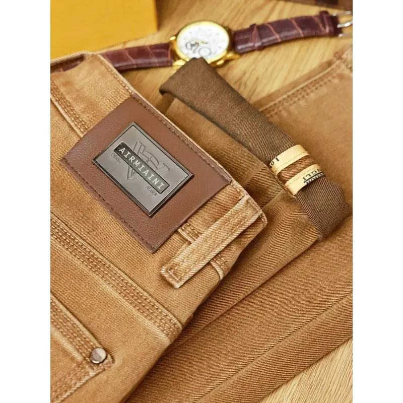Autumn fashion light luxury men's jeans khaki small feet elastic coffee casual pants