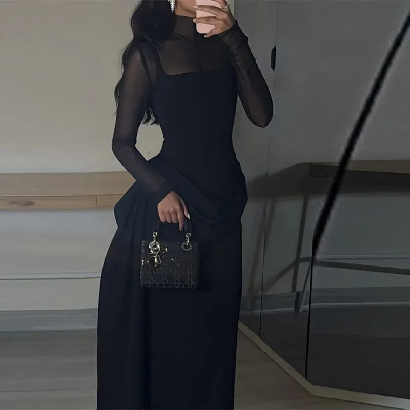 Stylish Lady Mesh See Long Sleeve Splicing Dress Elegant Evening Gown Women's 2026 New Luxury Boutique Club Party Dresses — image 4